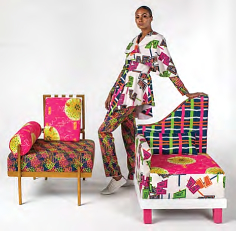 Chairing Styles: a collaboration between interior, fashion, and textile design students. Left chair designed by student: Mind Pachimsawat, Manufacturer: Gregorius Pineo; Right chair designed by student: Angel Sabater, Manufacturer: The Portico Collection