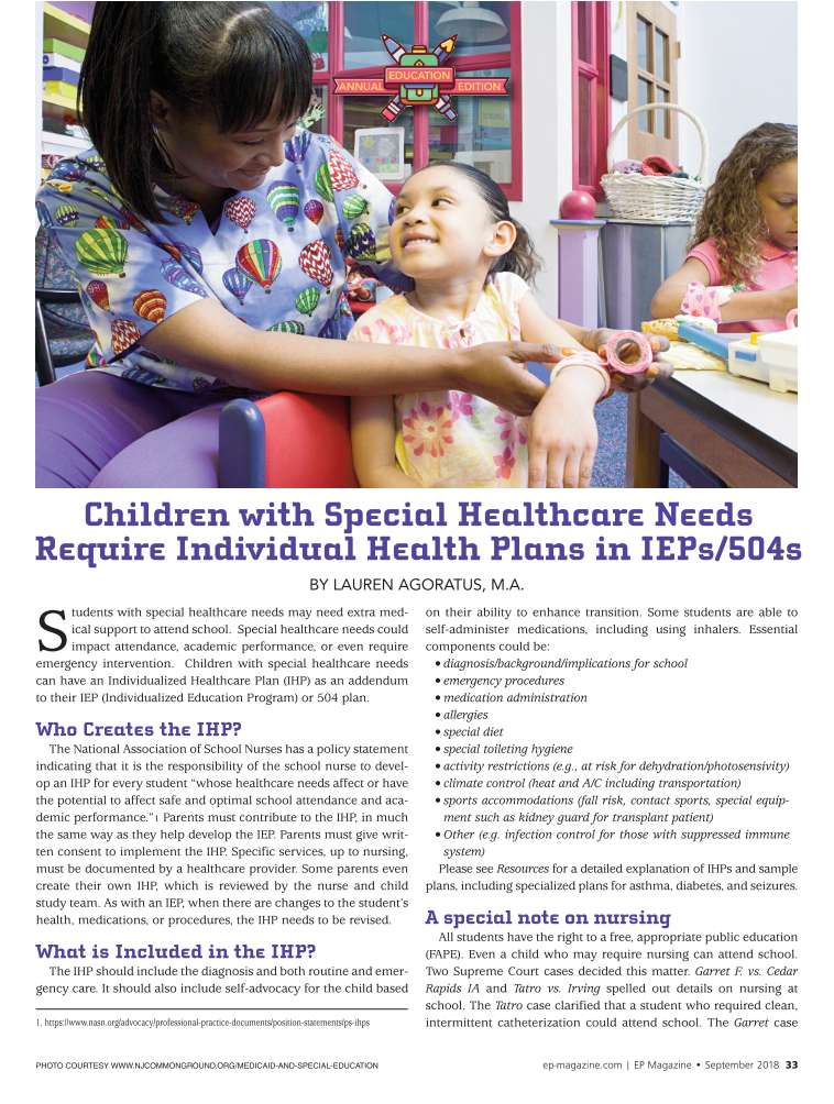 CHILDREN WITH SPECIAL HEALTHCARE NEEDS REQUIRE INDIVIDUAL HEALTH PLANS